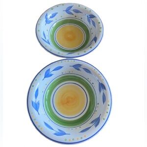 2 Gibson Clarisse Soup Salad Bowl Colorful Blue Yellow Green Boho Crazed 8.25”